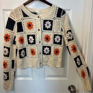 Dreamers By Debut Granny Sq Floral Open Knit Crochet cardigan cropped size M/L